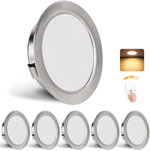 YindaLux Set med 6 dimbara infällbara LED-spotlights, 230 V, 3 W, 3 000 K, varmvit, 15 mm extra platt takspotlights, 300 lm, hål 55–58 mm, IP44 badrumsplats, borstad nickel