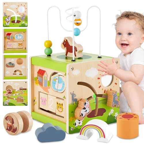 BUYGER Cubo Multiattivita Giochi Legno 1 2 3 Anni 12 18 Mesi, 6 in 1 Educativi Montessori Cubo di Abilità Motorie per Bambini, Giocattolo Sensoriali Interattivi, Compleanno Regalo per Bambino Neonato