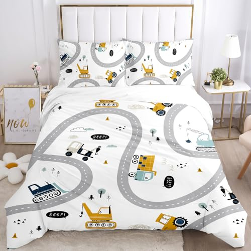 Ropa de Cama con Motivos de maquinaria de construcción, 135 x 200 cm, Ropa de Cama para niños de construcción, Ropa de Motivos de excavadoras, Juego Cama con Motivos vehículos. (A, 135x200cm)
