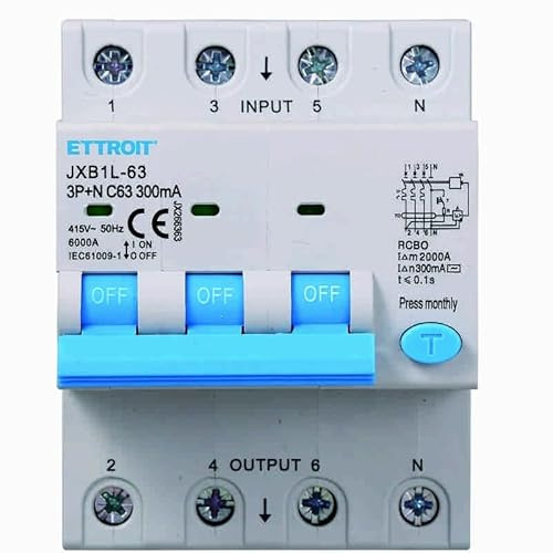 IXTRIMA Interruptor magnetotérmico diferencial 3P+N 63A 300mA 380V-6KA 300mA para carril DIN - 4 módulos DIN - Protección circuitos y seguridad instalaciones