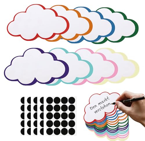 ChilArt 100 Stück Karteikarten Wolke,8 Farben moderationskarten(Wolke) | mit 100 Selbstklebenden Klettband,Geeignet für Studium,Büro,Präsentationen, Meetings und Mind Mapping(23x14cm)