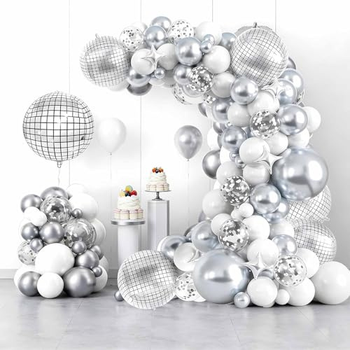 129Pcs Disco Ball Balloon Arch, 22 Inch Disco Ball, Disco Balloon Party Decorations Arch Kit, for Adult Birthday Disco Dance Party Supplies