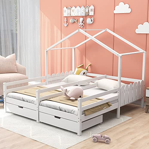 Cama doble, cama infantil, cuna con 2 cajones de MDF, cajones con ruedas, somier de láminas de pino, color blanco (200 x 90 cm)