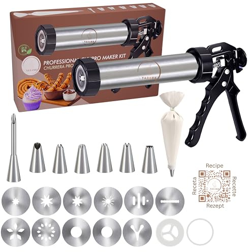Edelstahl Gebäckpresse & Churros Maker - 4 Churro-Scheiben (Hohl), 5 Keks-Formen & Tüllen. Profi Gebäckspritze, Spritzgebäck Maschine & Kekspresse Set für Plätzchen