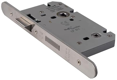 Easi-T DIN Bathroom Lock – Stainless Steel Reversible Mortice Lock with Privacy Function – Internal Door Lock with Strike Plate for Lever Handles. (Radius, Satin Stainless Steel, 85mm x 150mm)