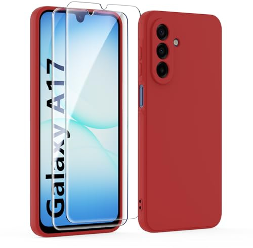 MIKULLE Silikonskal för Samsung Galaxy A17 5G/4G med 2 skärmskydd av härdat glas, ultratunt pastellfärg mjukt TPU silikon stötskydd skydd - röd