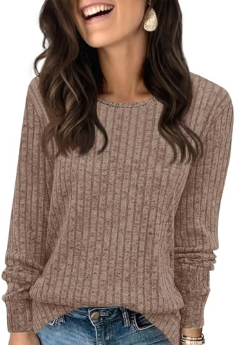 Fisoew Pullover Damen Langarmshirt Leichter Rundhals Casual Strickpullover Oberteil Loose Fit Pulli Sweatshirt,Khaki,S