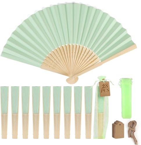 SWAWIS 28 Piezas Verde Claro Abanicos de Papel, Abanico Plegable con 30 Bolsas de Organza y Tarjetas de Agradecimiento, Abanicos de Bambú para Bodas Bautizos Decoraciones Fiestas DIY