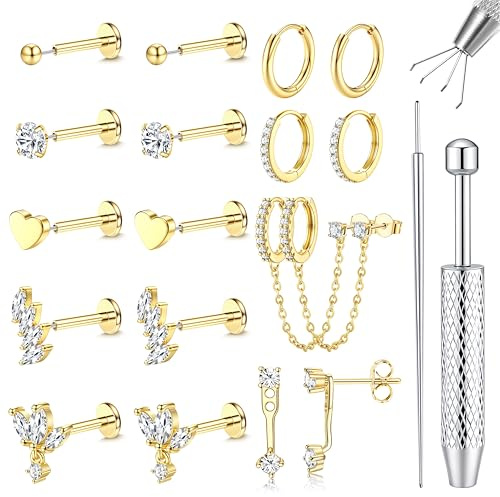 Chriscoco 16G/18G/20G Helix piercingar kirurgiskt stål kreoler örhängen set för kvinnor 14K guldpläterade medicinska örhängen silver näspiercing plugg Labret Conch Tragus piercing set piercing öra