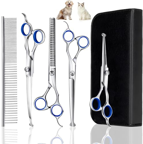Forbici per Toelettatura Cani, Forbici per Cani in Acciaio Inossidabile, con Punte Rotonde, 6 in 1 Kit Toelettatura Forbici Forbici Professionali Cani per Cani Gatti Animali