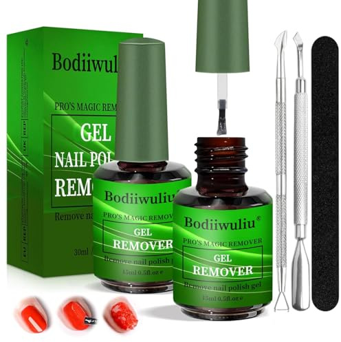 2 Pcs 15 ml Gel Nail Polish Remover With Nail File & Nails Polish Scraper, Quickily Removes Gels Nailss Polishs Within, Gentle on Nails, Fast-Acting Formula, No Foil, Soaking or Wrapping Needed