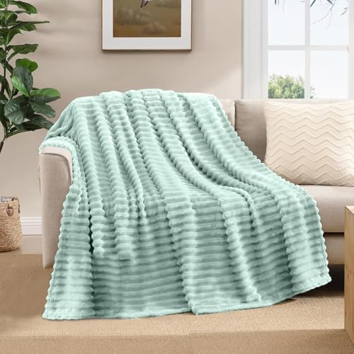 ZZZMRH Luxury Throw Blanket - Cosy Warm Throws for Sofas, Light Weight Rib Design Fluffy Fleece Blanket - Soft Throws For Sofa Large Bed Couch, Bedding - King Size 200x240cm - Duck Egg throw