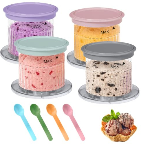 Yallmie 4 Piezas Recipiente de Helado, Vaso para Postre de Heladera con 4 Cucharas Vaso Congelado con Tapa para Preparar Helado Gelato Smoothies y Soft-Serve, Apto para Lavavajillas
