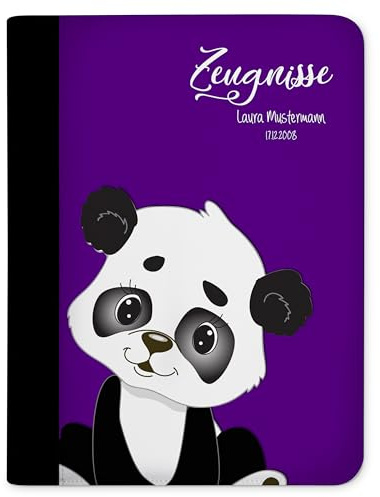 CreaDesign Zeugnismappe A4 mit Namen personalisiert – Panda Bär Lila – für Mädchen – Dokumentenmappe Schule ohne Klarsichthüllen