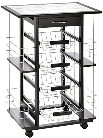 HOMCOM Chariot de Service Desserte de Cuisine à roulettes Noir Blanc