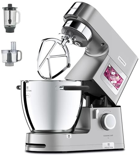Kenwood Cooking Chef XL KCL95.424SI, Impastatrice Planetaria con Frusta K, Frullatore, Robot da Cucina, Gancio per Impasti, Display LCD, Bilancia Integrata, Ciotola Acciaio Inox 6,7L, 1500W, Argento