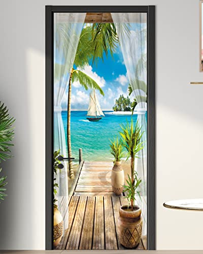 FLFK Door Mural Sticker - Ocean,Peel and Stick,Combined Size 32x80,Split into 2 Pieces