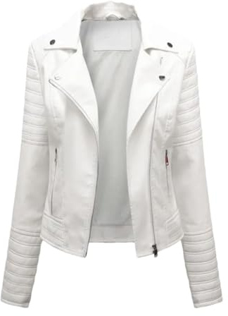 Tdvcpmkk Chaqueta de cuero con cremallera para mujer, Blanco, XXXL
