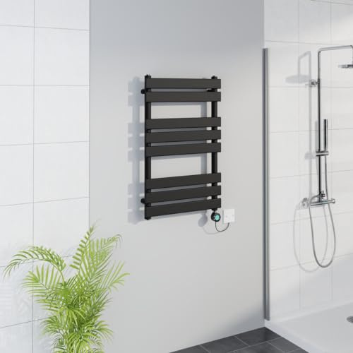 Warmehaus WiFi Electric Bathroom Flat Panel Towel Rail 800x500mm Black | Timer, Thermostatic, Child Lock, Dual Fuel, Bathroom Towel Warmer Radiator, Wall Mounted, Premium Mild Steel