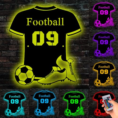 LZXSXZ Personalisiertes Fußballspieler Metallschild mit LED Licht, Personalisiert Mit Name Zimmer Beleuchtung Wand Lampe, individueller Name und Nummer, Zimmer Deko, Weihnachten, Geburtstag