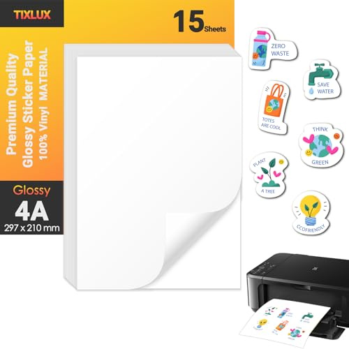 Tixlux 15 Blatt Vinyl-Aufkleberpapier für Tintenstrahldrucker, glänzend weiß, selbstklebend, trocknet schnell, lebendige Farben, wasserfestes Aufkleberpapier, A4-Größe 297x210mm