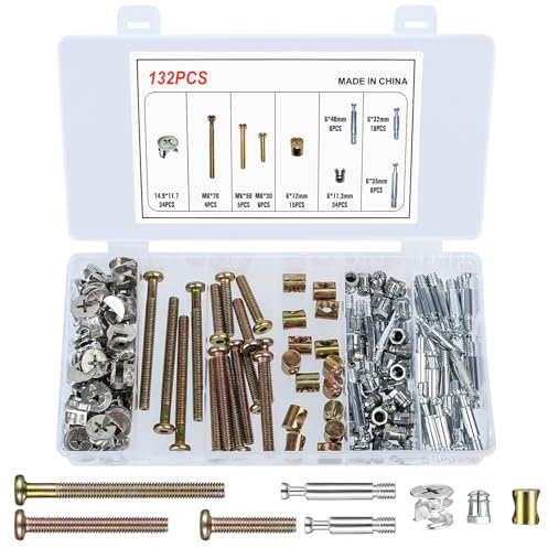 132 STK 3-in-1 Möbelverbinder Schrauben Set, M6 Möbelschrauben mit Dübel, Schrankverbinder, Arbeitsplattenverbinder, Möbel Befestigungsschrauben Korpusverbinder mit Zylindermuttern, Schrankschrauben