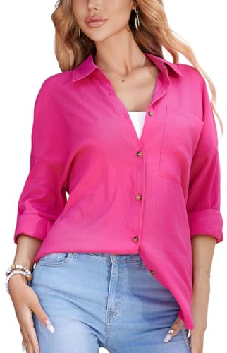 Stamain Womens Blouses Long Sleeve Button Down Shirt Women Summer Casual Ladies Hot Pink Shirts and Blouses for Office Work Beach Holiday L