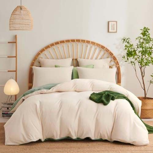 Freyamy Plüsch Bettwäsche 220x240cm 3Teilig Beige Grün Samt Biber Cashmere Touch Winterbettwäsche Flanell Flauschige Wendebettwäsche Warme Bettbezug mit Reißverschluss und 2 Kissenbezug 80x80cm