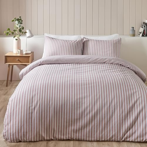 Catherine Lansfield Wende-Bettwäsche-Set aus gebürsteter Baumwolle, gestreift, mit Kissenbezug, Blush Pink