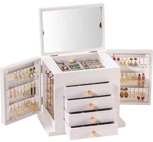 ProCase Portagioie Donna Ragazza Grande, Scatola Porta Gioielli in Legno, Portagioie Cofanetto Jewelry Organizer per Gioielli Orecchini Anelli Braccialetti Collane - Bianco/M