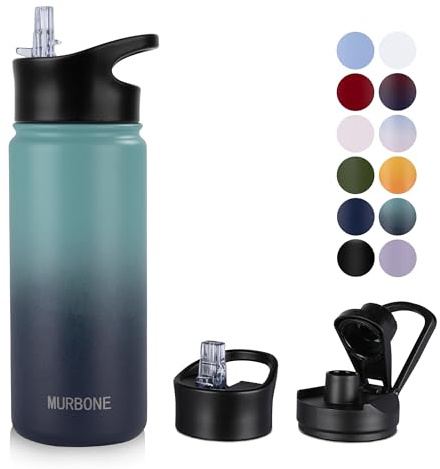MURBONE Edelstahl Trinkflasche 500ml (+2 Deckel)-mit Strohhalm,BPA frei,Thermosflasche Auslaufsicher,Kohlensäure Geeignet,Thermoskanne Vakuum Doppelwandisolierung für Sport, Reisen, Camping