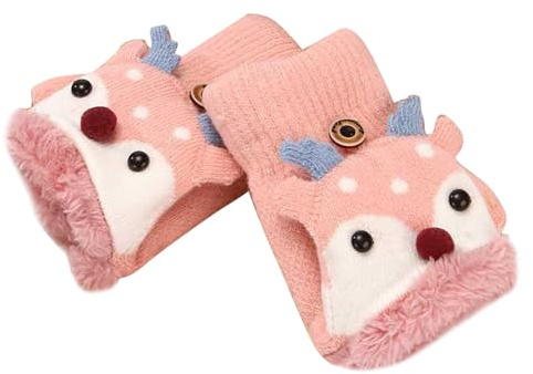 Handschuhe & Fäustlinge für Jungen Mädchen, Niedliche Kinder Fingerlose Handschuhe Strickhandschuhe mit Klappe, Plüsch Warme Cartoon Weihnachten Winterhandschuhe, Halbfinger Fäustlinge für Alter 2-6