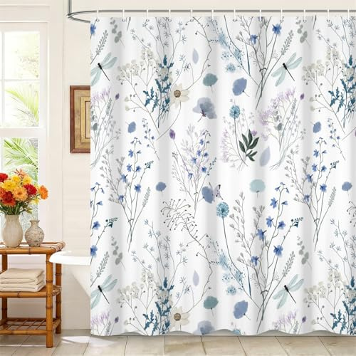 Kzzfqxb 152x183cm Tende da doccia floreali bianche e blu con ganci, erbe botaniche fiori selvatici mazzi di libellule impermeabili per il Vasca, elegante tessuto in poliestere per Bagno