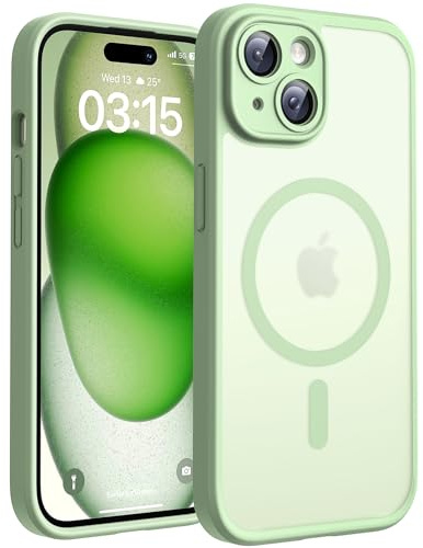 TOCOL für iPhone 15 Hülle, Kompatibel mit MagSafe, Matt Grün | Eingebauter Magnetring, Vollständiger Kameraschutz, Militärschutz Stoßfest Kratzfest Haltbarkeit, Durchscheinend Rückseite