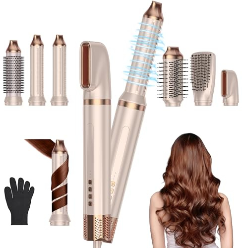 Brosse Soufflante Airbrush 6 en 1 Air Styler Seche Cheveux Multifonction, Rose Gold - Hair Boucleur Automatique avec Réglage 4 Températures et 3 Vitesses de Vent (Séchage, Bouclage, Lissage)