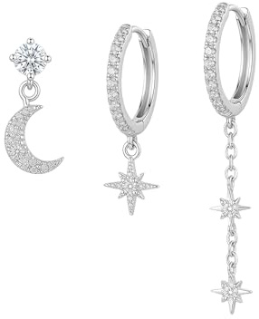 Velvia 3 Pairs Silver Earrings Set for Women, Hypoallergenic Silver Plating Small Huggie Hoop,Dangle and Stud Earrings Multiple Piercings with Cubic Zirconia Star and Moon for Girls Gifts