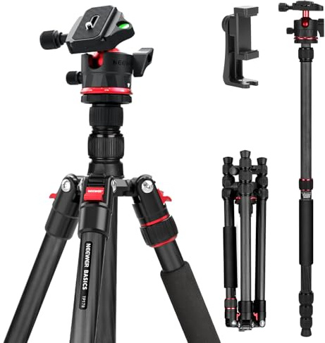 NEEWER Basics Carbon Fiber Travel Tripod Monopod, 64 Compact Lightweight Portable Camera Cell Phone Holder Stand Compatible with iPhone Video Recording, Arca Type Ball Head, Max Load 13.2 lbs, TP17B