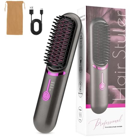 Anluomania Brosse Lissante pour Cheveux 5200mAh, Fer à Lisser Ionique, Brosse Lissante Sans Fil, Brosse Chauffante Portable, Lisseur Cheveux Céramique, 160-200℃, Chauffage Rapide, Anti-brûlure