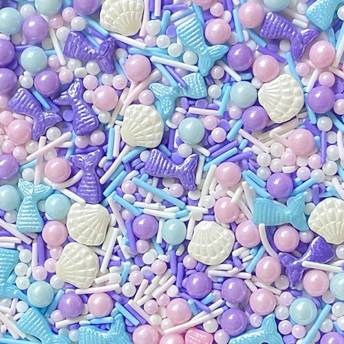 Décors Sucrés Sirène 130g - Perles Comestibles Vermicelles avec Figurines Sirène Coquillage en Sucre Rose Bleu Violet – Décoration Alimentaire Pâtisserie, Desserts, Gâteaux, Biscuits, Cupcakes
