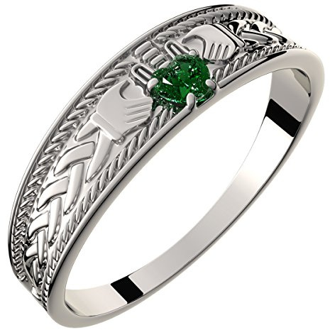 GWG Jewellery Bague Claddagh Argent Sterling avec Pierre Vert Émeraude en Forme De Cœur, Mains Et Couronne – 10 dans Boîte Cadeau pour Femme