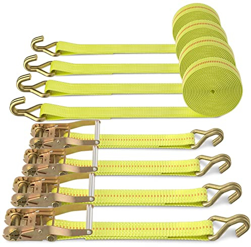 Ratchet Tie Down Strap - 4 Pack 2 x 27' Heavy Duty Ratchet Straps with Aluminum Handle, Cargo Straps for Moving Appliances, Lawn Equipment, Motorcycle in a Truck Yellow
