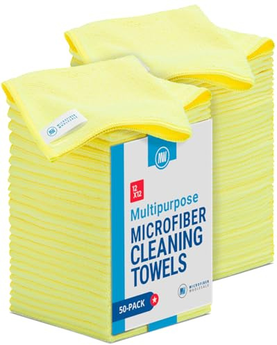 12 x 12 Microfiber Cleaning Cloths (50 Pack) - Reusable Towels, Wash Rags, Dust Cloth, All-Purpose: Kitchen, Dish, Cars, Shop, Glass (Yellow)