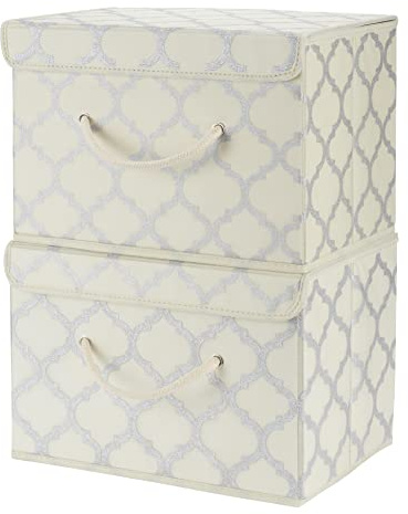 Cream/Metallic Fabric Storage Boxes with lids, Stackable and Foldable. For wardrobes, shelves, clothes, bedroom, office, cupboard, keepsake box, crafts, toys, shoes, socks. Rope Handle 2pk 37x25x25cm