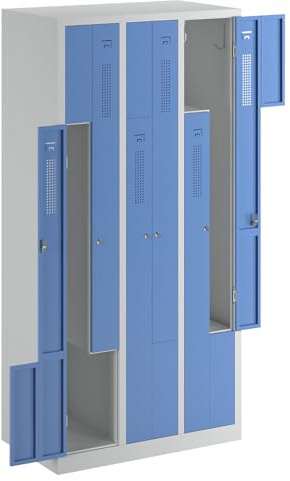 eurokraft | Spind | lichtgrau RAL 7035 | Flache Dachform | 3 Abteile, lichtgrau / lichtblau, Breite 870 mm