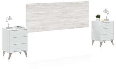 Habitdesign Cabezal + Dos mesitas de Noche, 240x116x33,5 (AnchoxAltoxFondo-en cm), Color Blanco Artik y Blanco Velho, Cabecero para Cama de Matrimonio, Modelo Sweet
