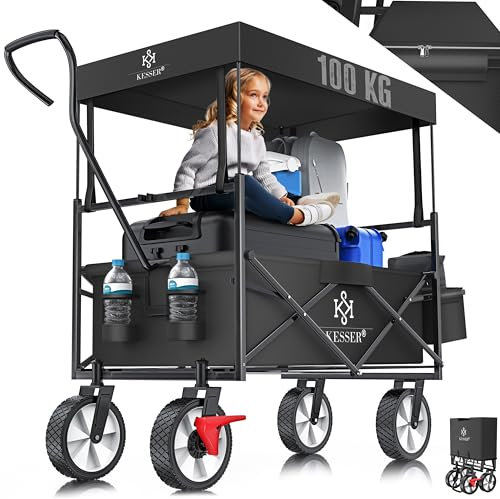 KESSER® Carrello pieghevole con tetto, carrello per attrezzi, con 2 tasche a rete e una tasca esterna, con freno anteriore, pieghevole, pneumatici in gomma piena, portata fino a 100 kg