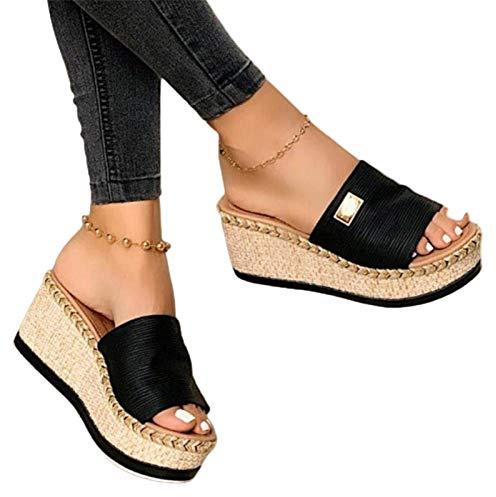 Clenp Sandales pour Femmes, Femmes Décontractées D'été Wedge Peep Toe Talon Haut Plate-Forme Mules Sandales Antidérapantes Noir 35