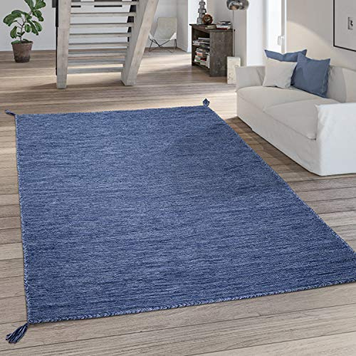 Paco Home Teppich Wohnzimmer Modern Einfarbig Mit Fransen Baumwolle Webteppich In Blau, Grösse:200x290 cm