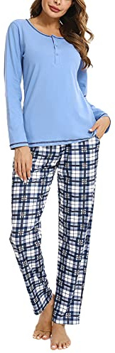 Litherday Pyjama Femme Hiver Ensembles de Pyjama Coton Vêtement de Nuit à Manches Longues Haut + Bas de Pyjama Carreaux Automne et Hiver