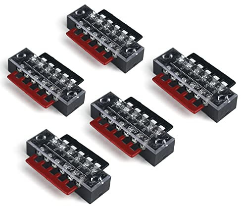 YUSHIBO 15pcs(5 Sets) Dual Row 6 Position Screw Barrier Terminal Block 600V 15A + 400V 15A 6 Postions Pre Insulated Terminal Barrier Strip Red/Black